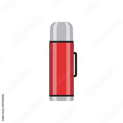 A red thermos bottle, illustrated with a simple, flat design, stands out against a plain black background.