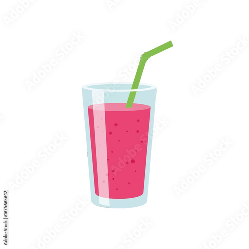 A vibrant glass of pink smoothie, complete with a refreshing green straw, is depicted against a bold black background.