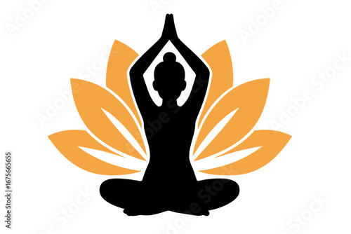 Yoga pose silhouette logo with blooming lotus flower. Meditation, wellness, and spiritual balance concept. Health, fitness, and relaxation icon. Woman in padmasana asana.