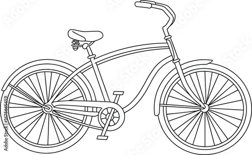 Bicycle cad drawing flat vector illustration, vintage bike, curved frame, fenders, chain guard, detailed spokes, handlebars, pedals, seat springs, transportation design, technical outline
