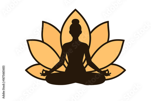 Woman silhouette in lotus yoga pose for meditation. Vector logo with blooming flower for spa, wellness, and spiritual harmony. Mind and body balance concept. Zen relaxation.