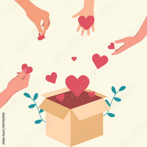 Hands giving heart in charity box . Large donation for needy people, hand donate love compassion concept Vector illustration.
