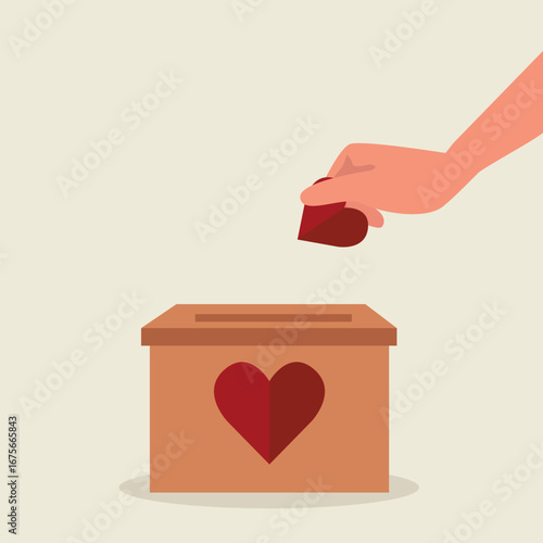 Hands giving heart in charity box . Large donation for needy people, hand donate love compassion concept Vector illustration.