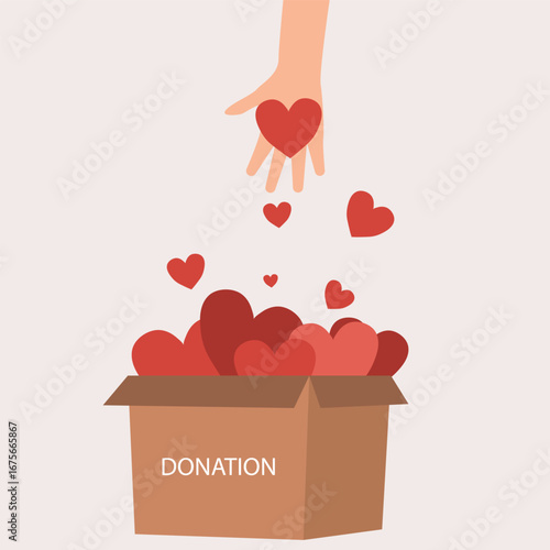 Hands giving heart in charity box . Large donation for needy people, hand donate love compassion concept Vector illustration.