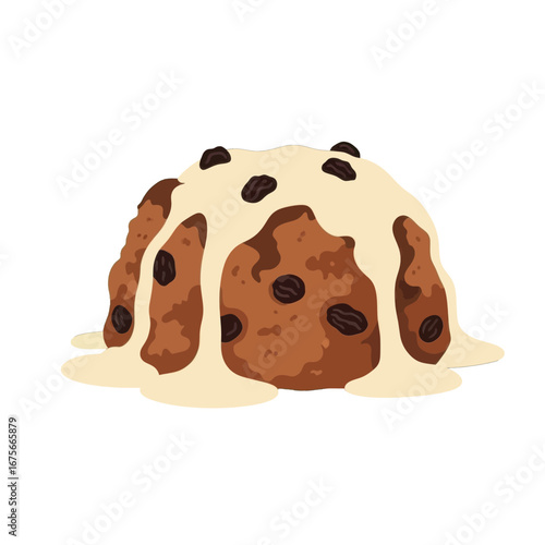 A delectable illustration of a cake-like treat, drizzled with a creamy, light-yellow glaze, showcasing the rich brown tones and studded with dark raisins.