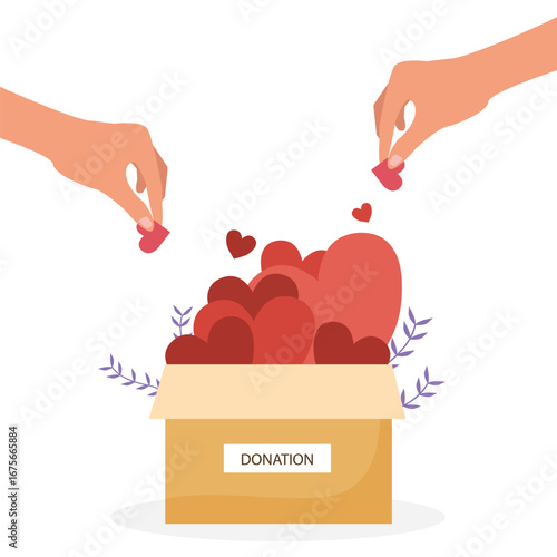 Hands giving heart in charity box . Large donation for needy people, hand donate love compassion concept Vector illustration.