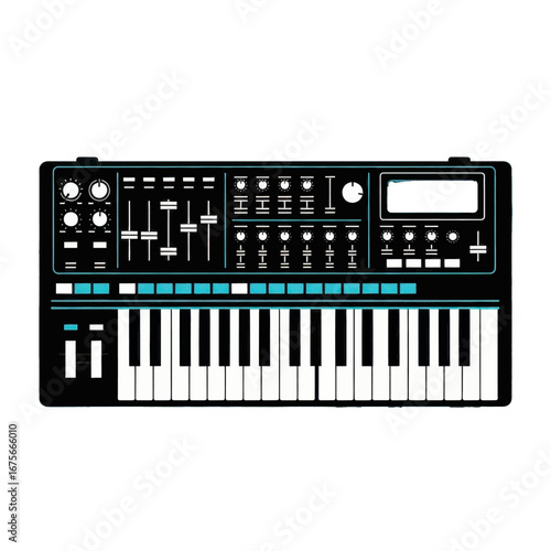 Modern electronic synthesizer keyboard with illuminated controls on a black background.