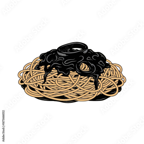 A stylized illustration of a generous heap of pasta noodles drenched in a dark, rich sauce, creating a visually appealing and appetizing image.