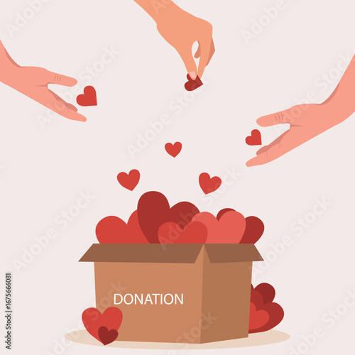 Hands giving heart in charity box . Large donation for needy people, hand donate love compassion concept Vector illustration.