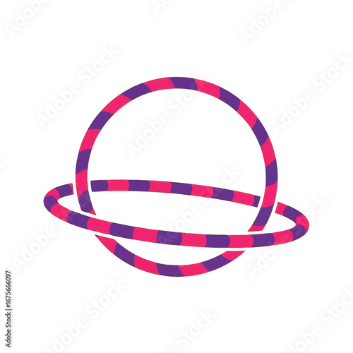 A vibrant, stylized hula hoop design, featuring a pink and purple striped pattern, creating an abstract planet-like appearance against a bold black background.