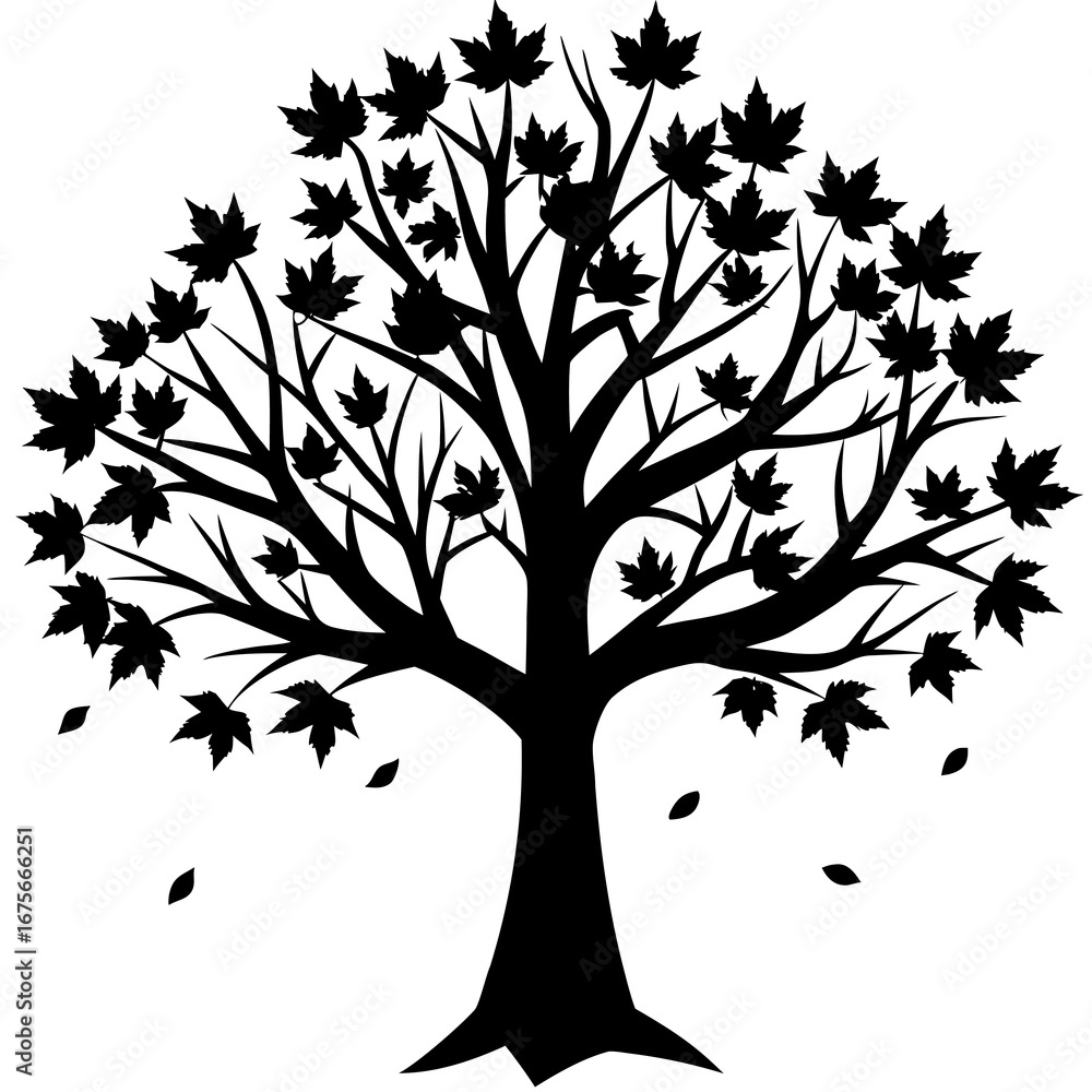 Obraz premium Flat Vector of Full Grown Maple Tree with Red and Orange Leaves and Fallen Leaves Maple Tree Autumn Vector Illustration Minimalist Maple Tree Design Flat Maple Tree Vector for Nature Scenes 