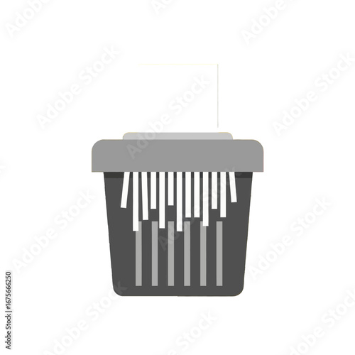 A gray paper shredder with a piece of white paper inside, showcasing shredded paper exiting the machine.