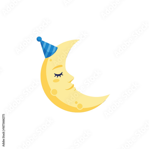 A charming illustration of a crescent moon, wearing a party hat and appearing to sleep peacefully.