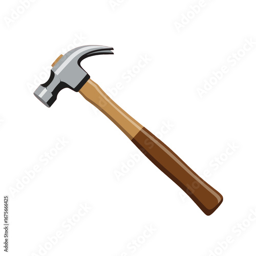 A simple illustration of a sturdy hammer with a light gray head and a light brown wooden handle, set against a black background.