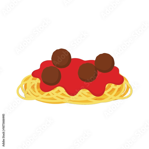 A colorful illustration of a generous serving of spaghetti and meatballs, showcasing a vibrant red sauce and golden noodles.