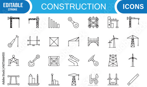 Stroke construction icons pack featuring cranes, tools, beams, machines, and industrial structures