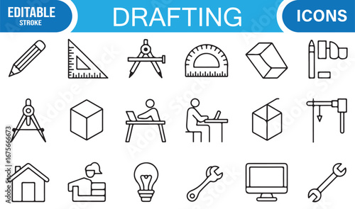 Editable drafting icons collection with technical drawings, 3D blocks, workstation, and blueprints