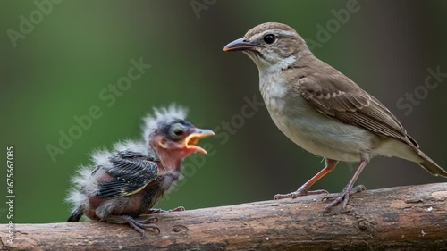 A tender moment captured in nature as a parent bird feeds its hungry chick, showcasing the beauty of nurturing and the bond between avian family members.