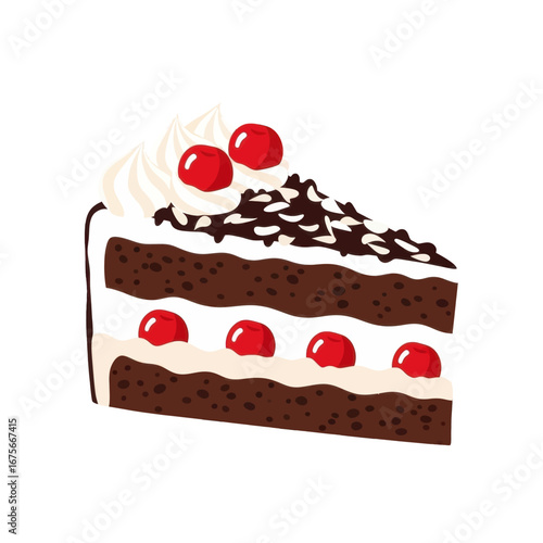 A delectable slice of chocolate cake, topped with whipped cream and cherries, presents a sweet and inviting visual.