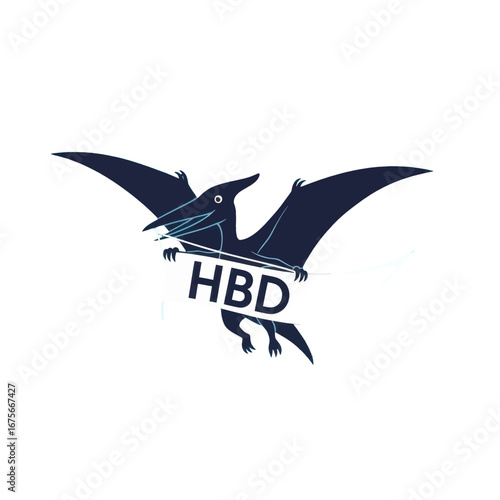 A stylized illustration of a pterosaur carrying a birthday banner, displaying the words "HBD".