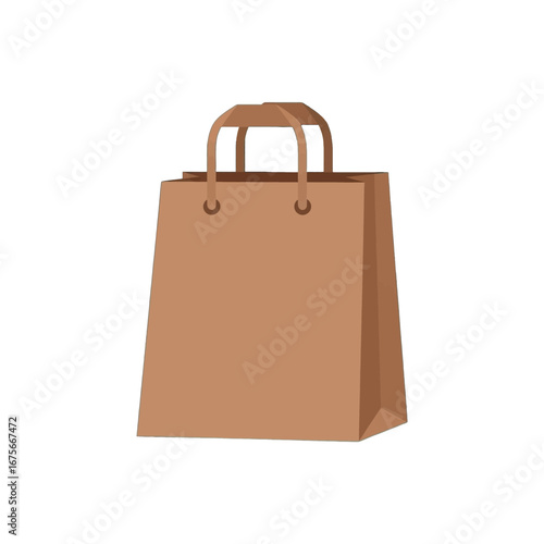 A simple,  light brown paper shopping bag with handles is presented against a black background.