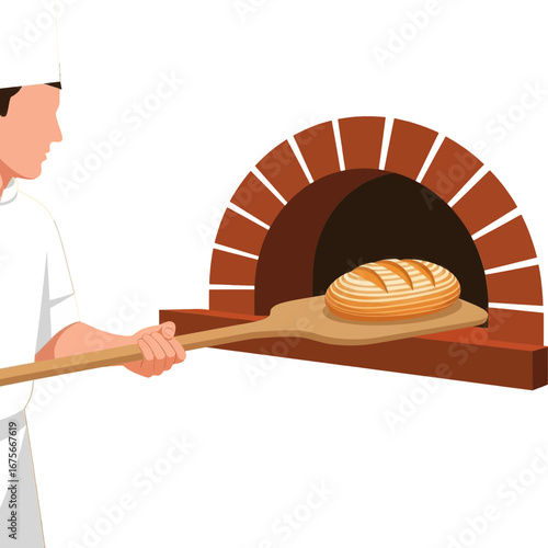 A skilled baker extracts freshly baked artisan bread from a traditional brick oven.