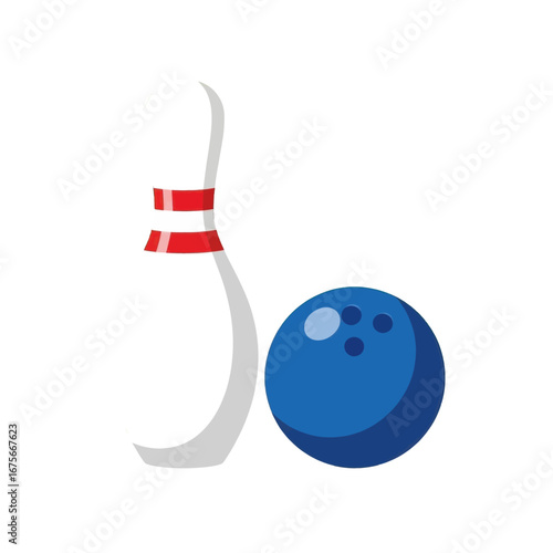 A simple, flat illustration of a bowling pin and ball against a dark background.