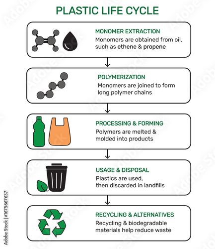 Plastic life cycle infographic with monomer extraction, polymerization, processing and forming, usage and disposal, recycling and alternatives