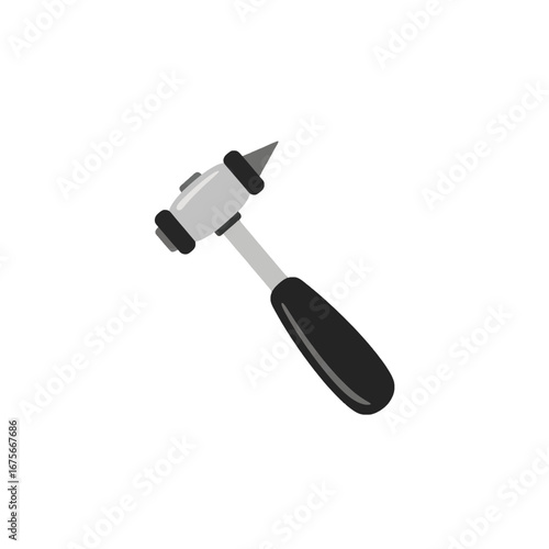 A simple, flat illustration of a light gray hammer head with a dark gray handle set against a black background.