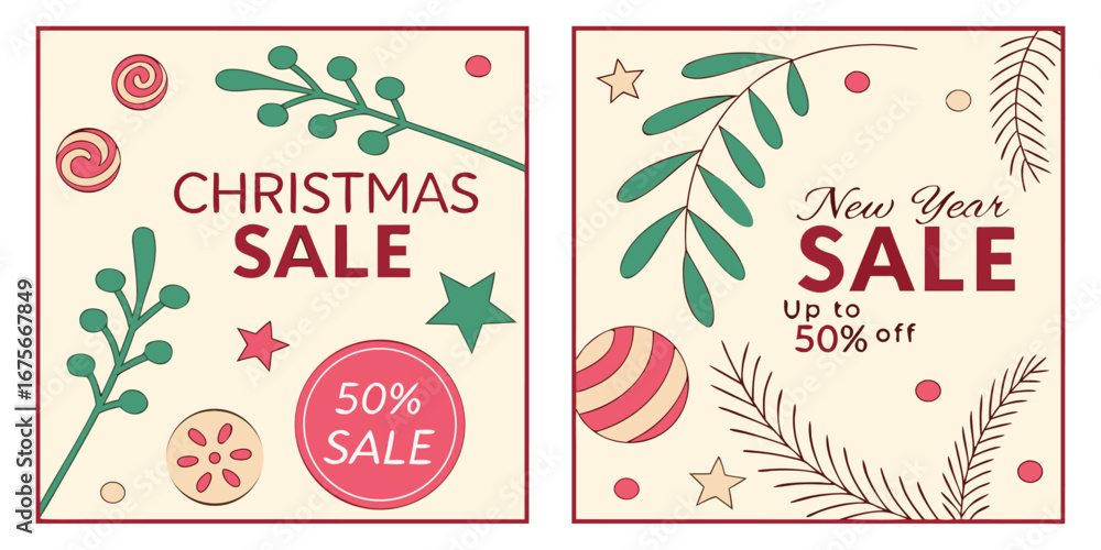 Naklejka premium Merry Christmas and Happy New Year set of 4 social media story, Vector design of christmas elements for greeting card, cover, social media post, minimal design templates. 