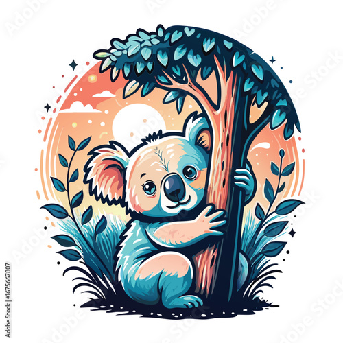 Koala cartoon hugging tree
