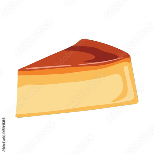 A delectable slice of caramel custard dessert, presented in a vibrant and simple illustration.