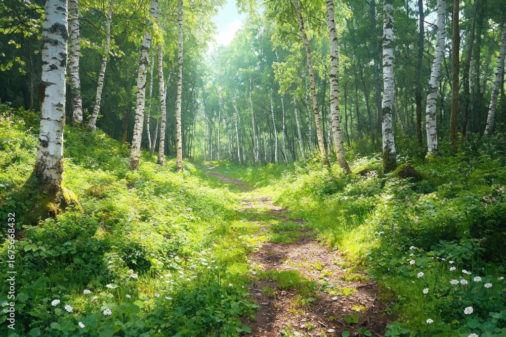 Obraz premium Sunlit forest path surrounded by lush green vegetation and birch trees with white bark under clear blue sky