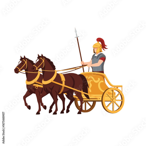 A soldier, dressed in armor, guides a chariot pulled by two strong horses across a plain.