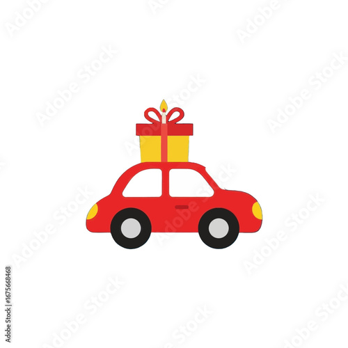 A simple, red car carrying a gift on its roof against a black background.