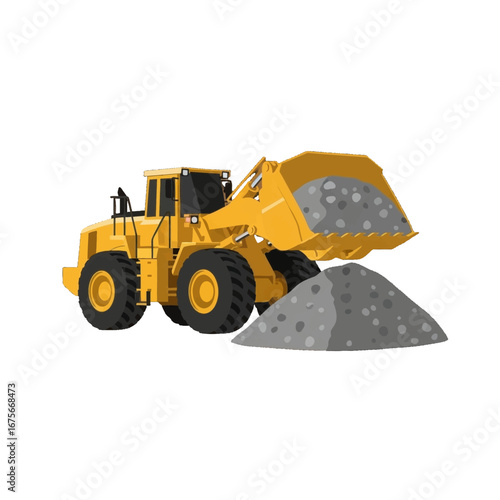 A vibrant yellow front-end loader, illustrated against a black backdrop, is depicted with its bucket full of gray aggregate.