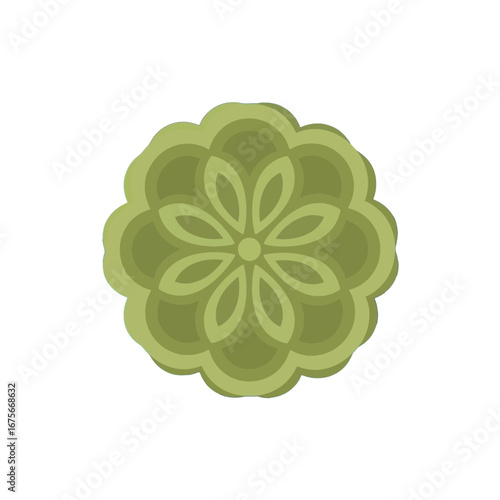 A symmetrical, stylized flower design displays a muted olive green hue against a dark background.