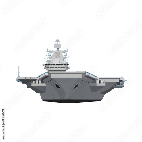 A gray aircraft carrier, rendered in a flat style, stands out against a black background.