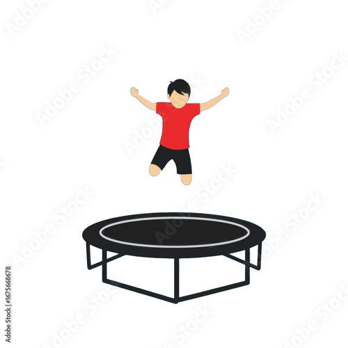 A child joyfully leaps high in the air above a black trampoline.