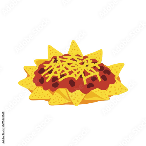 A vibrant illustration of a delicious pile of nachos, topped with a rich chili and melted cheese, presented against a striking black background.