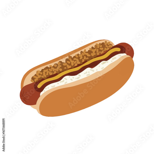 A colorful illustration of a hot dog with toppings, set against a stark black background.