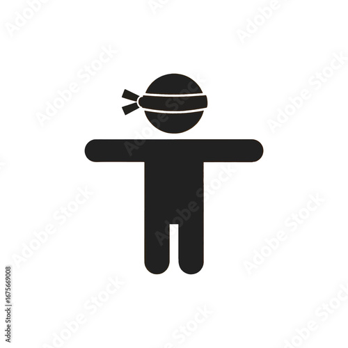 Simple black silhouette of a figure with blindfold, set against a stark black background.