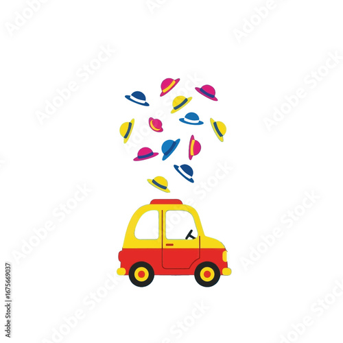 Colorful hats cascade from a simple yellow and red toy car against a black backdrop.