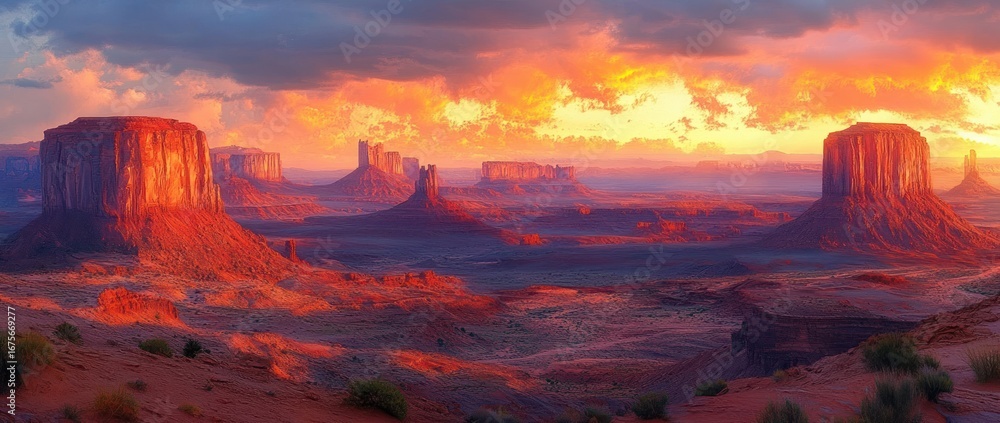 Fototapeta premium Vivid orange and purple sunset casting warm light on expansive desert landscape with large rock formations and sparse vegetation