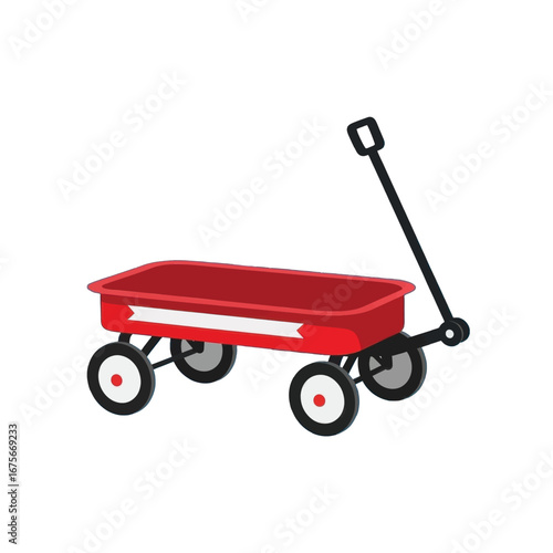 A vivid red wagon with white accents is displayed against a stark black background.