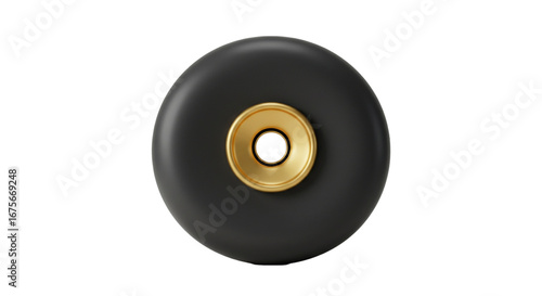 Isolated 3D illustration of black circular disk with golden center in minimalist style on transparent background PNG - abstract element for design and infographics