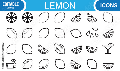 Editable stroke lemon icons including citrus drops, zest, wedges, whole fruit, and juice glasses