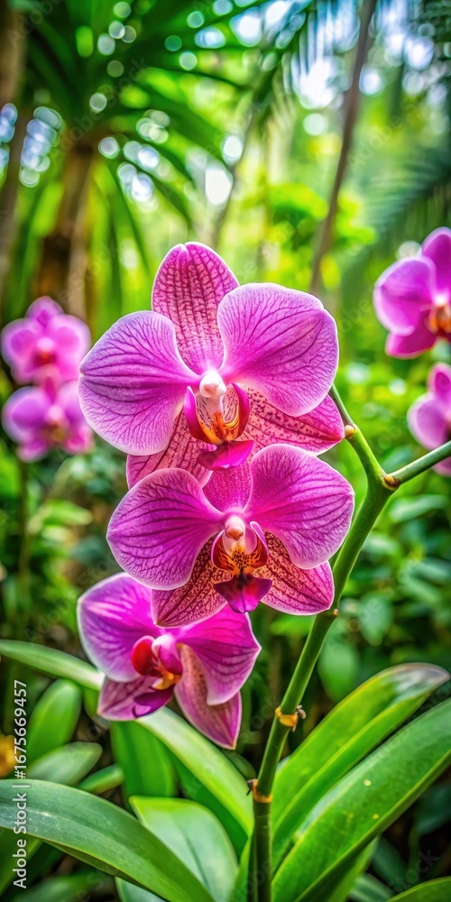 Fototapeta premium Delicate pink orchid bloom amidst lush green foliage in a vibrant tropical garden