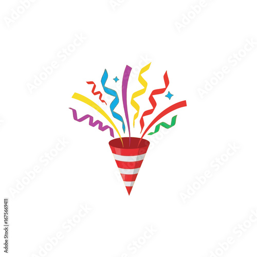 A colorful, festive party popper design bursts with ribbons against a bold black background.
