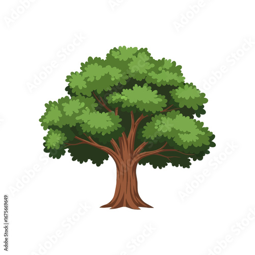 A vibrant, full-bodied tree illustration, displaying lush green foliage against a dark backdrop, showcasing detailed textures of the tree trunk and leaves.
